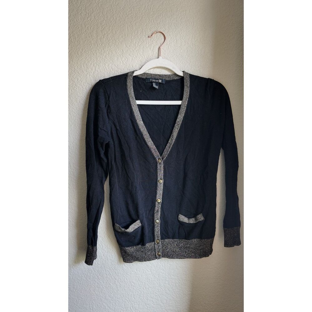 Forever 21 Black Metallic Gold Cardigan Women's M Button Front Pocket Sweater